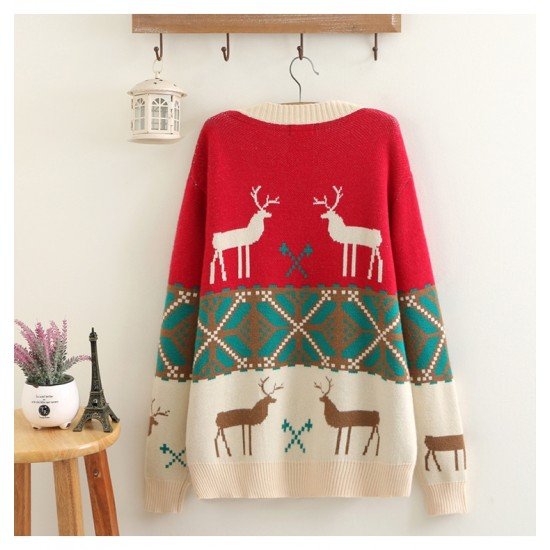 Deer Patterned Wool Cardigan